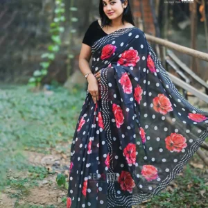 Premium Black Rose Chinon Jorjet Saree