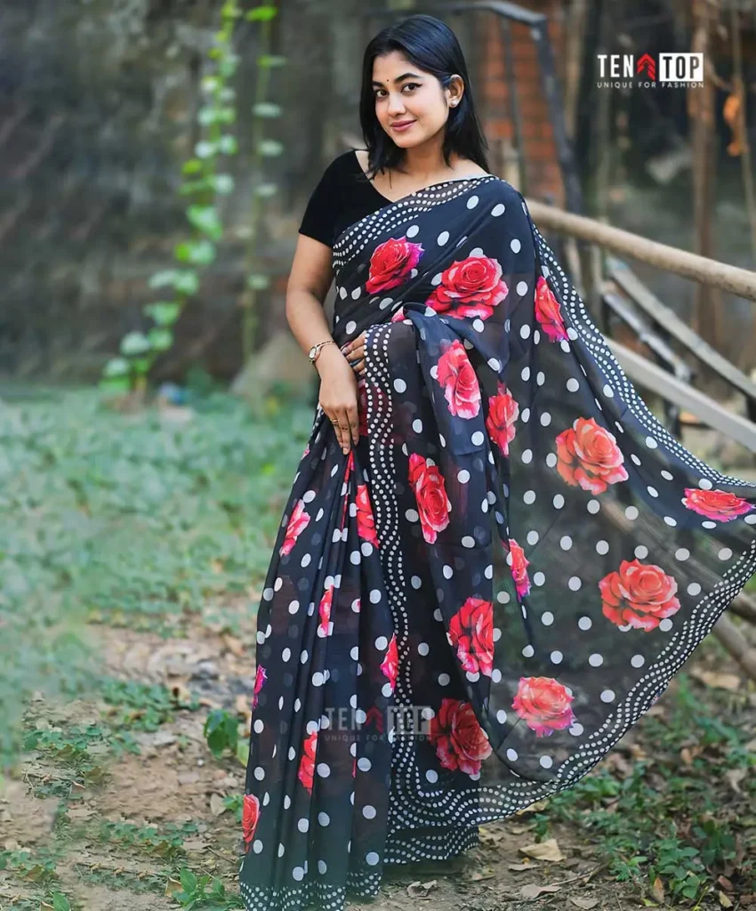 Premium Black Rose Chinon Jorjet Saree